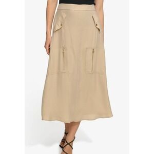 DKNY Organza Cargo Midi Skirt Sandalwood Beige Utility Zip Pockets Work NWT XL